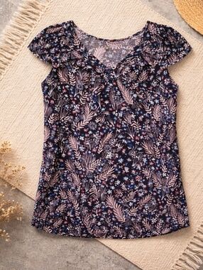 LOFT Petite XXS Floral Ruffle V-Neck Blouse | Boho Flutter Sleeve Coquette Top